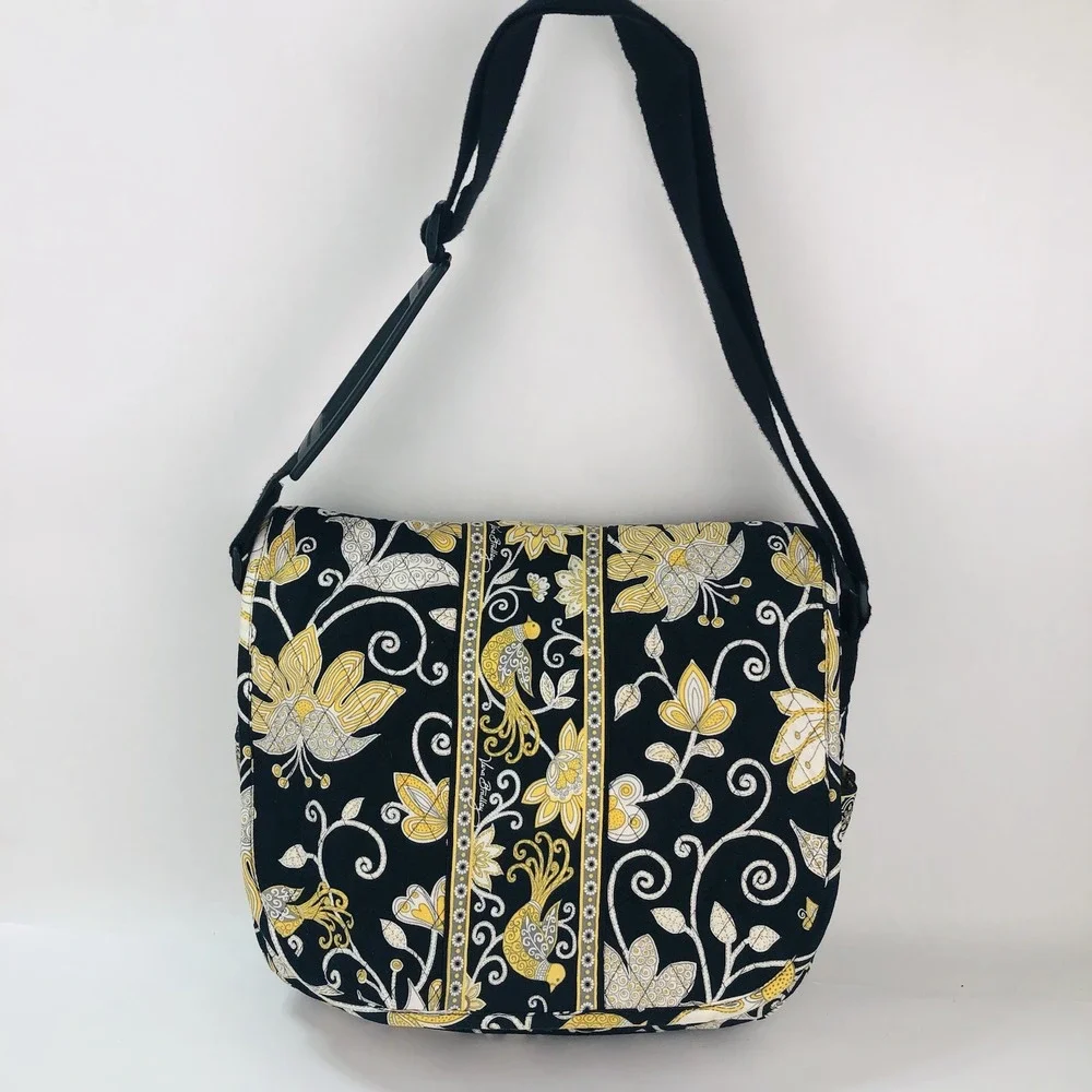 Vera Bradley Messenger Laptop Computer Bag Purse Tote Retired Black Yellow Bird